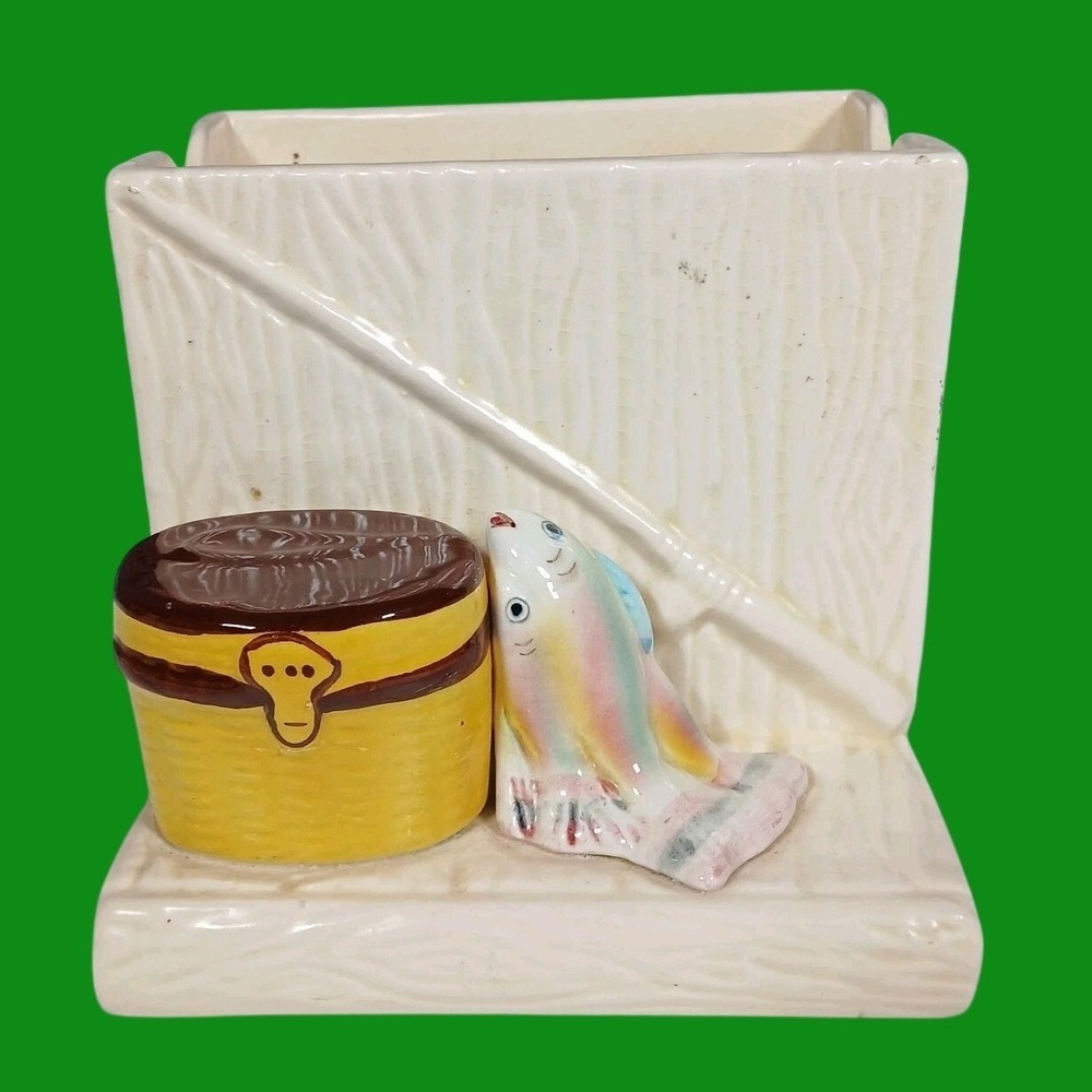 Vintage Modelo Registrado Fishing Planter Creel Fish Ceramic Lodge Decor Cream